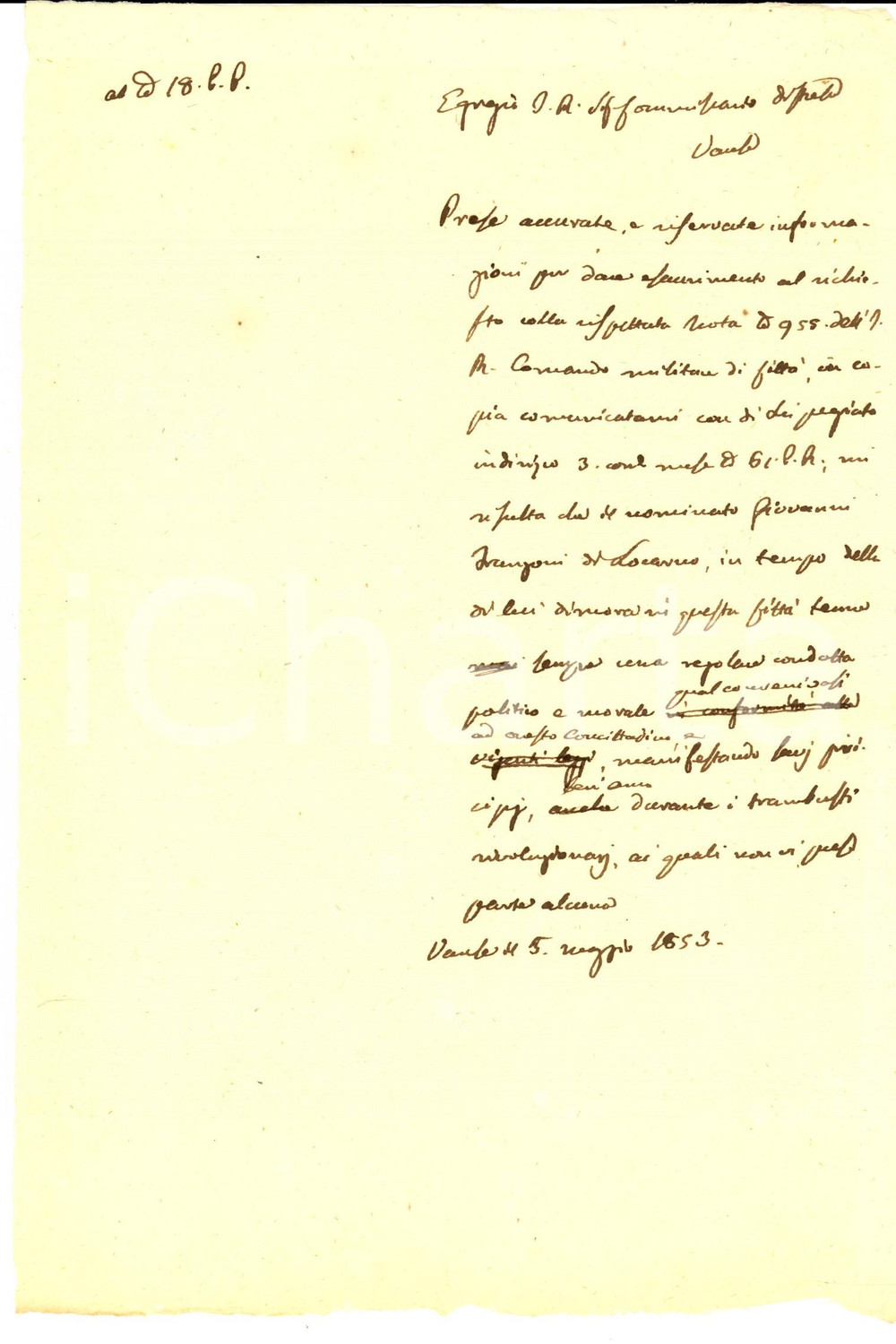 Documento originale, autentico 1853 VARESE Ottima condotta di Giovanni FRANZONI di Locarno durante i tumulti 1