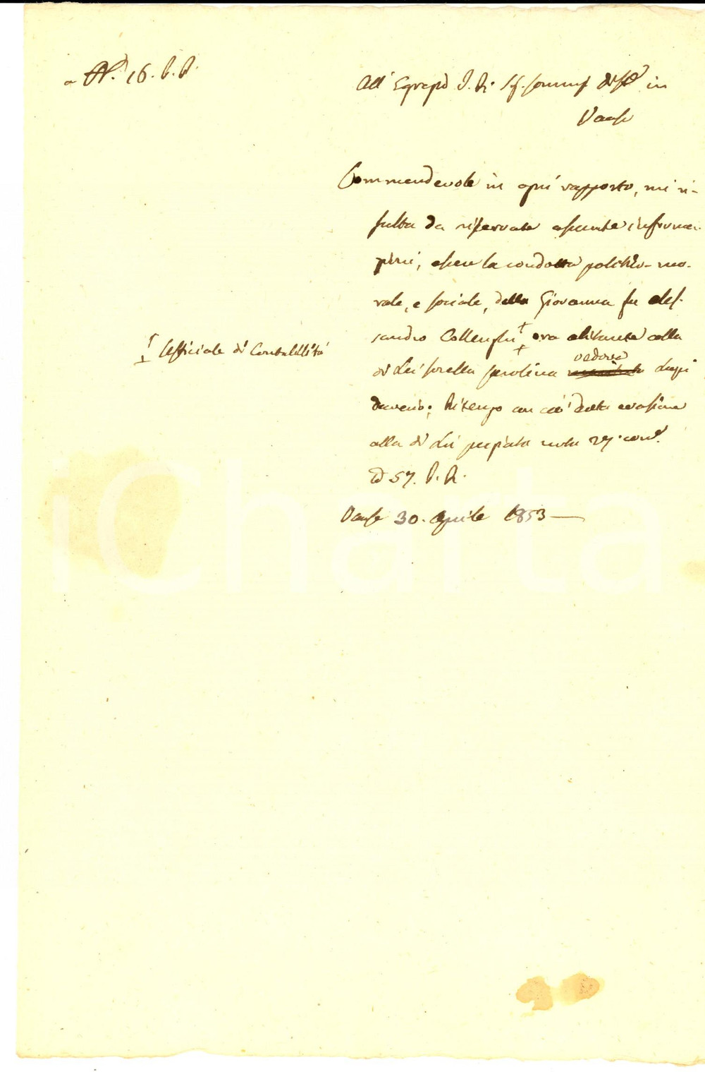 Documento originale, autentico 1853 VARESE Notizie sulla condotta politicomorale di Giovanna COLLENGHI 1
