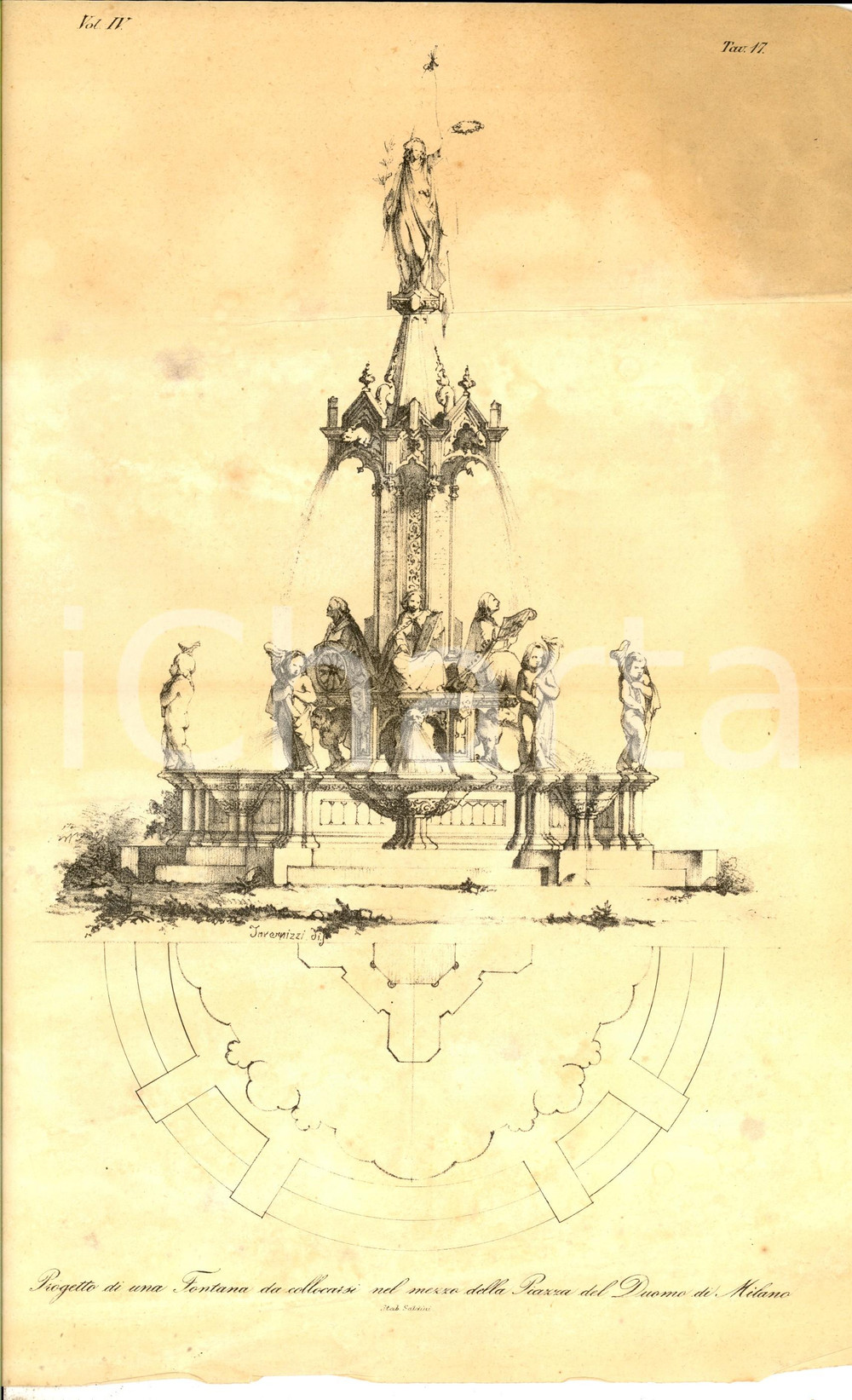 Mappa, planimetria storica 1857 MILANO A. F. ZUCCARI Progetto fontana in piazza Duomo Planimetria a stampa 1
