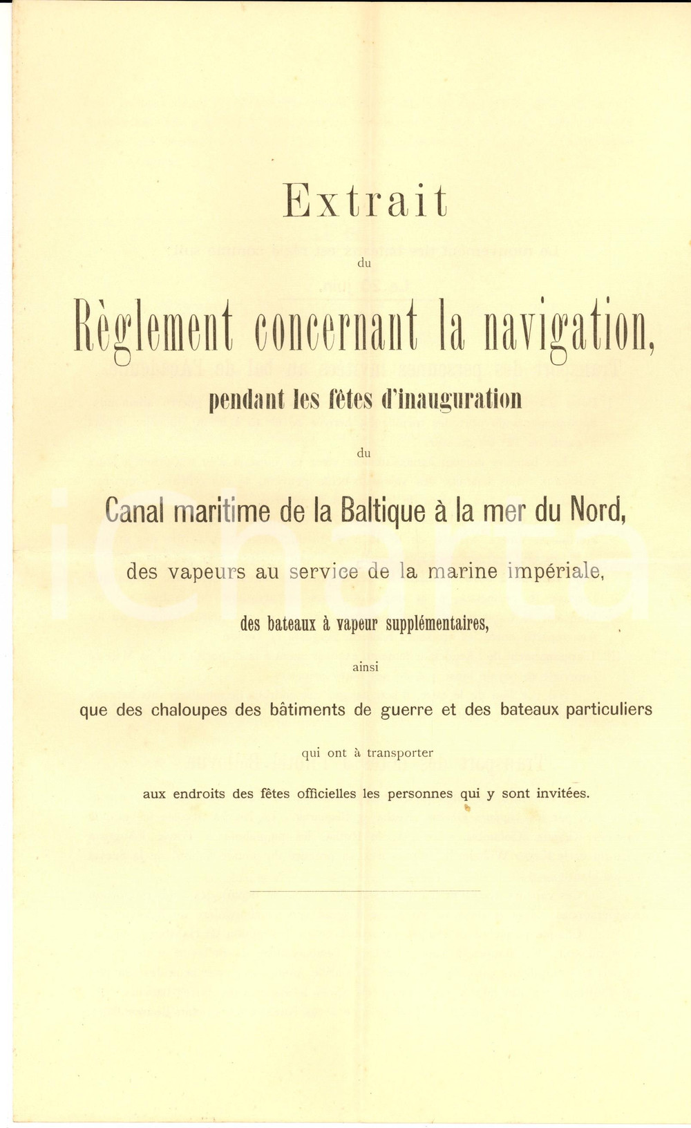 Documento originale, autentico 1895 CANALE DI KIEL Estratto del regolamento per la festa di inaugurazione 1
