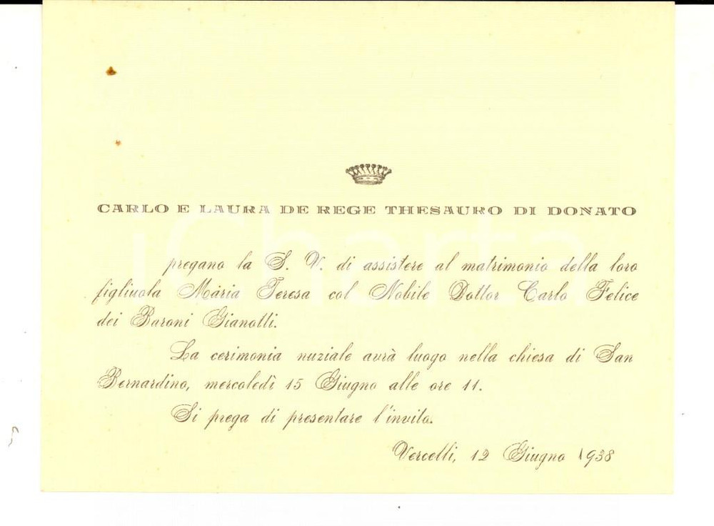 Oggetto da collezione cartaceo 1939 VERCELLI Invito nozze Maria Teresa DE REGE THESAURO DI DONATO  GIANOTTI 1