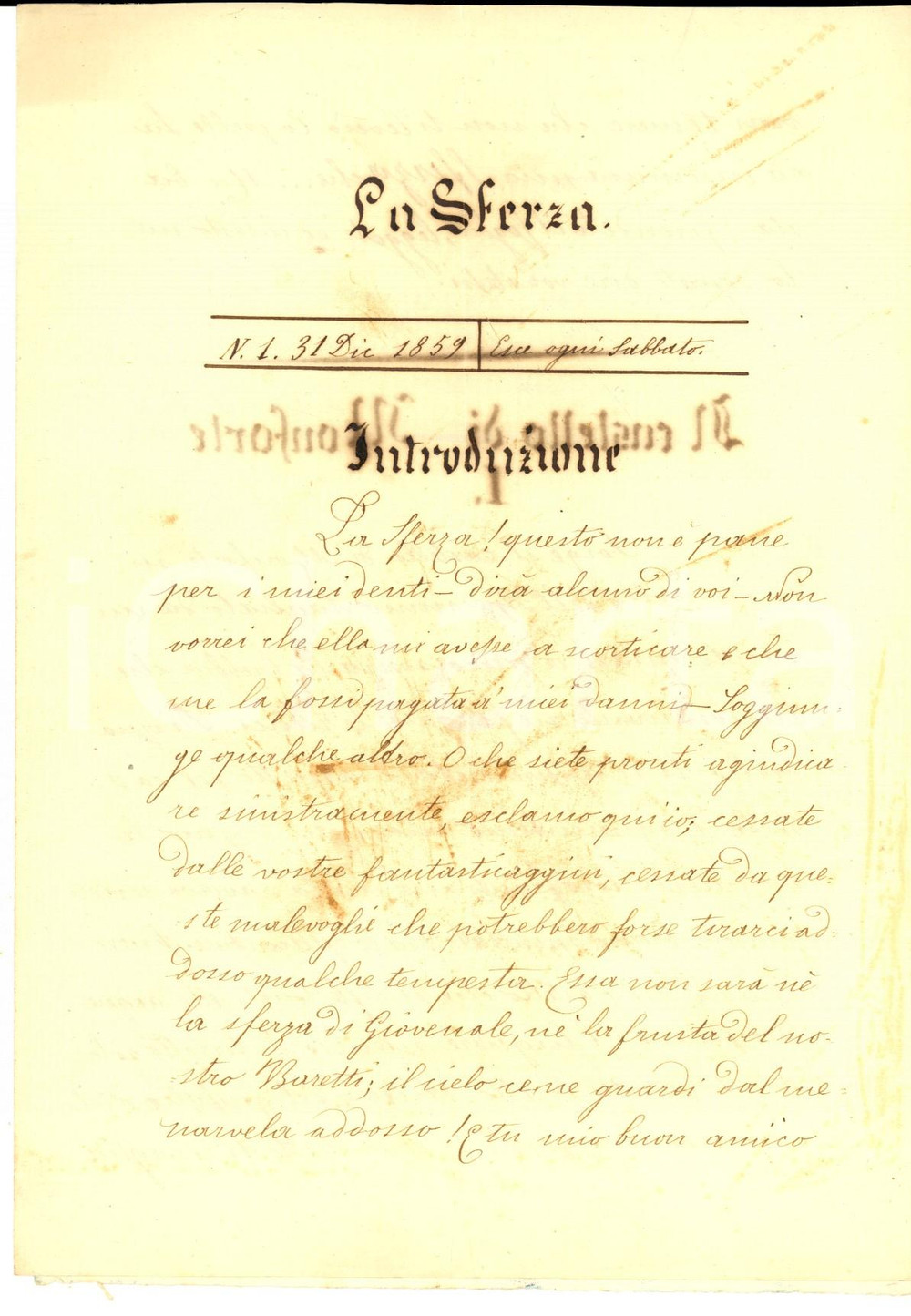 Documento originale, autentico 1859 Gazzetta LA SFERZA Bozza manoscritta Castello di Monforte  Capodanno RARO 1