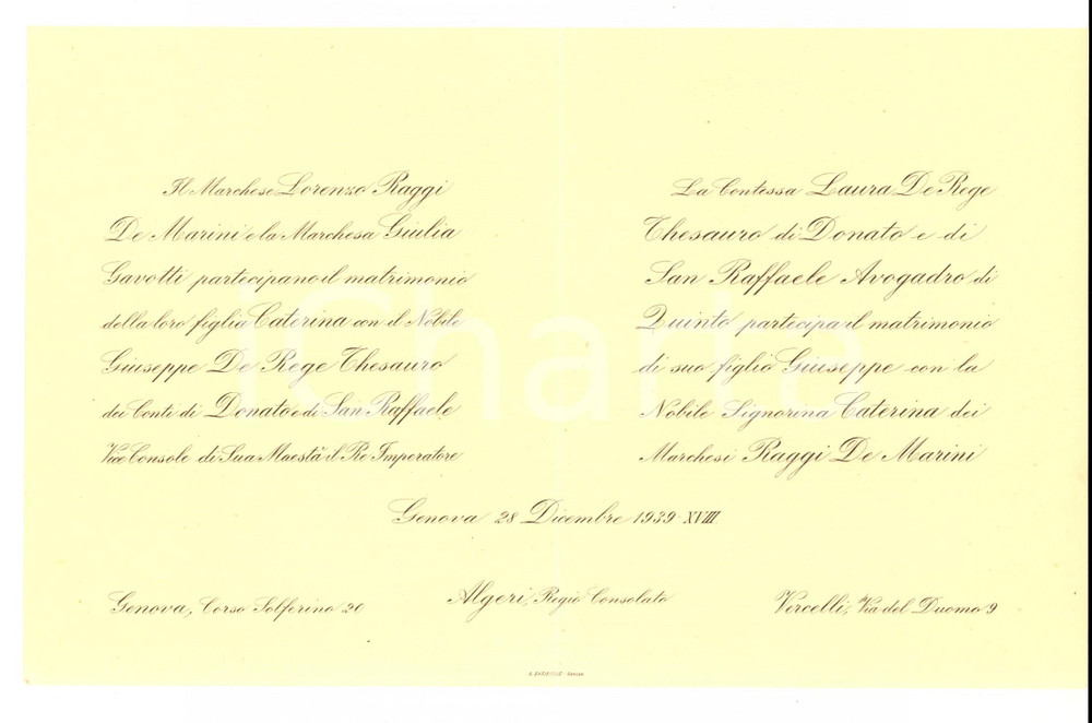 Oggetto da collezione cartaceo 1939 GENOVA Nozze Giuseppe DE REGE THESAURO DI DONATO  Caterina RAGGI DE MARINI 1