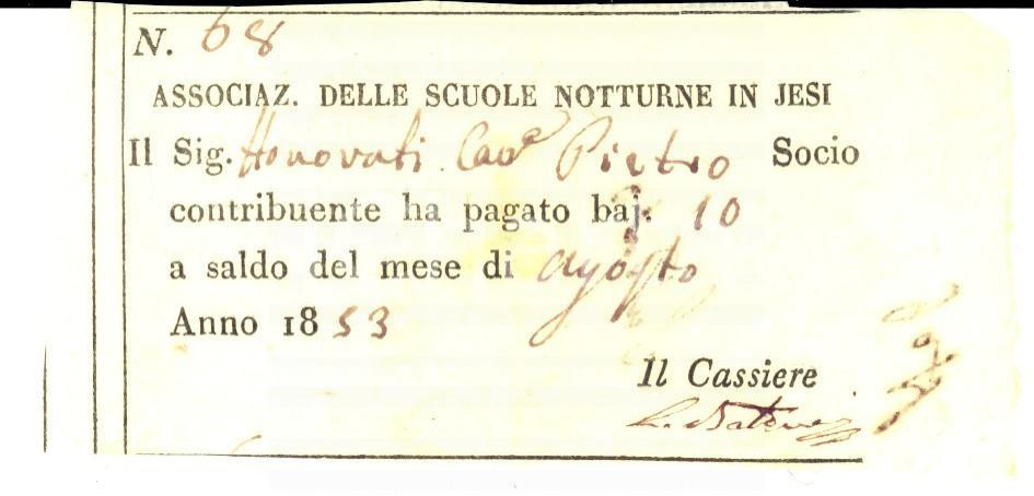 Documento originale, autentico 1853 JESI AN Associazione delle scuole notturne  Socio Pietro HONORATI 1