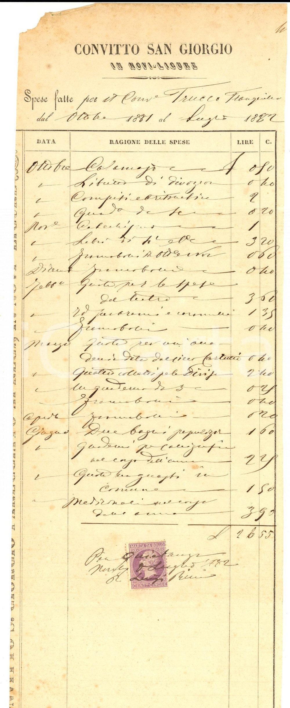 Documento originale, autentico 1882 NOVI LIGURE Convitto SAN GIORGIO Conto spese Tranquillo TRUCCO 1