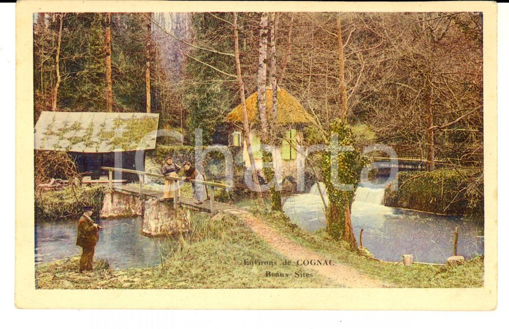 Cartolina originale da collezione 1910 ca COGNAC FRANCE Pescatore con due donne sul ponte Cartolina postale FP 1