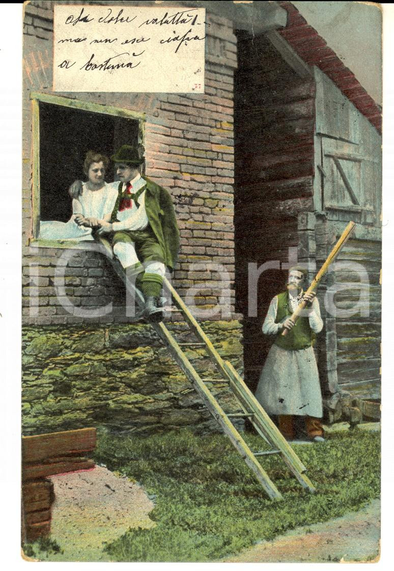 Cartolina originale da collezione 1903 SATIRA DI COSTUMI Amante sorpreso da un padre con il bastone Cartolina 1