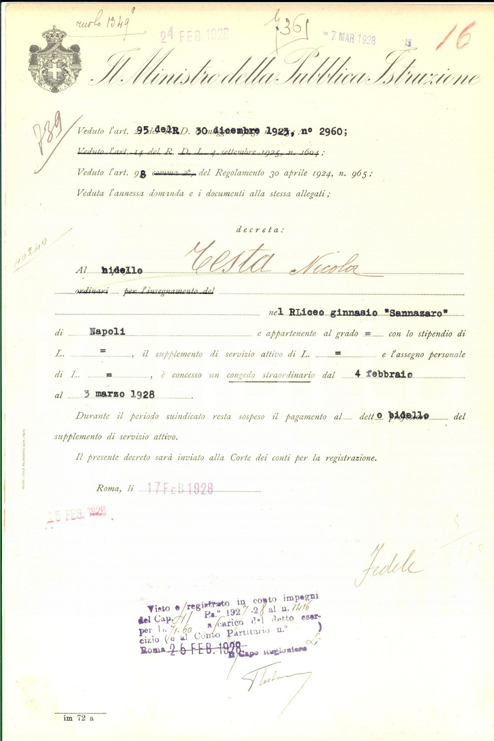 Autografo originale 1928 NAPOLI Congedo Nicola TESTA Decreto autografo ministro Pietro FEDELE 22x32 1