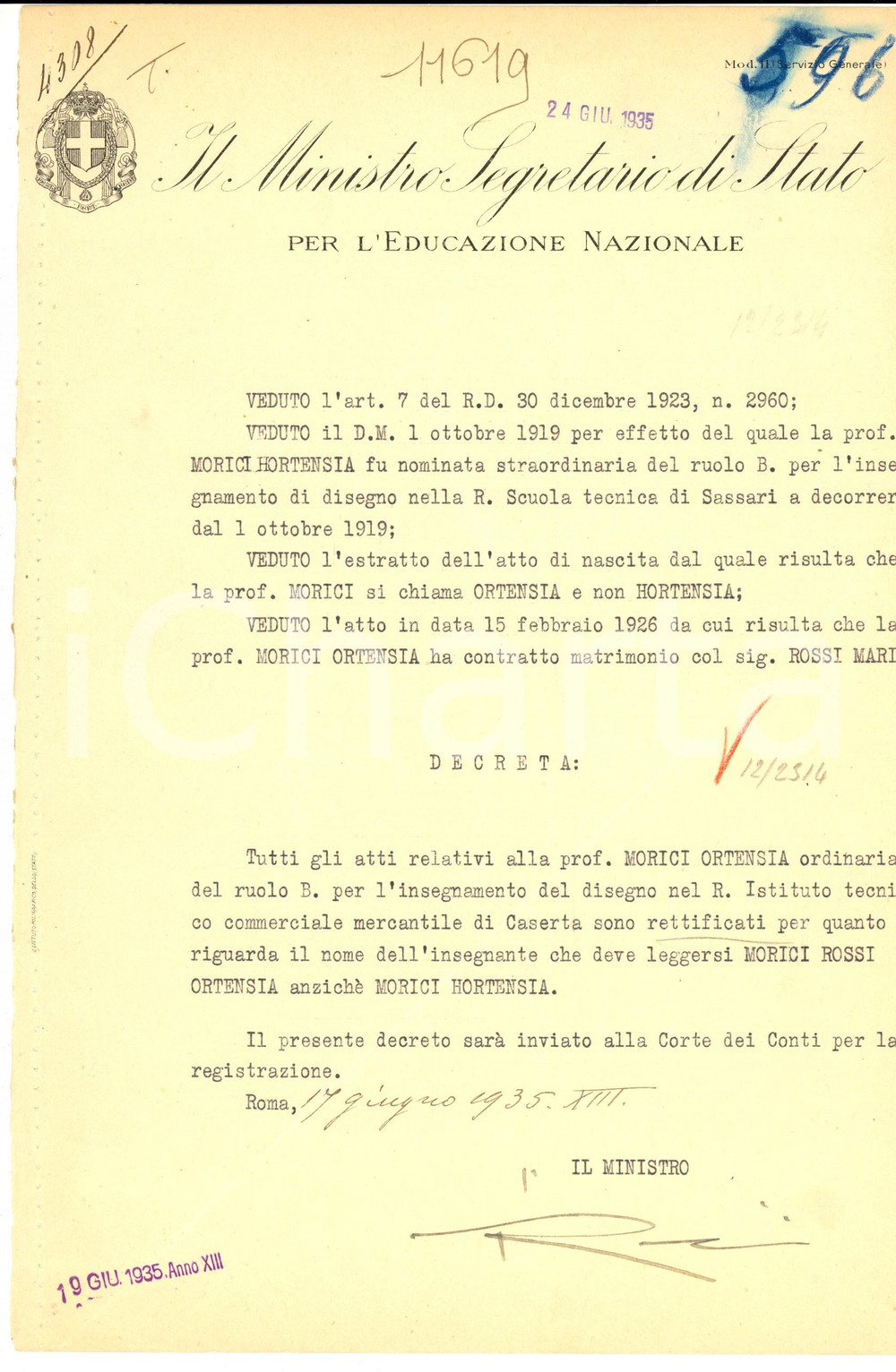 Autografo originale 1935 MINISTERO EDUCAZIONE NAZIONALE Decreto autografo Renato RICCI 22x32 1