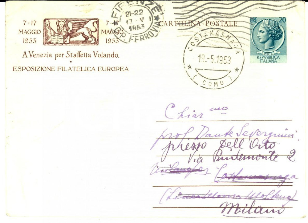 Cartolina originale da collezione 1953 VENEZIA Cartolina ESPOSIZIONE FILATELICA EUROPEA a Dante Severgnini FG VG 1
