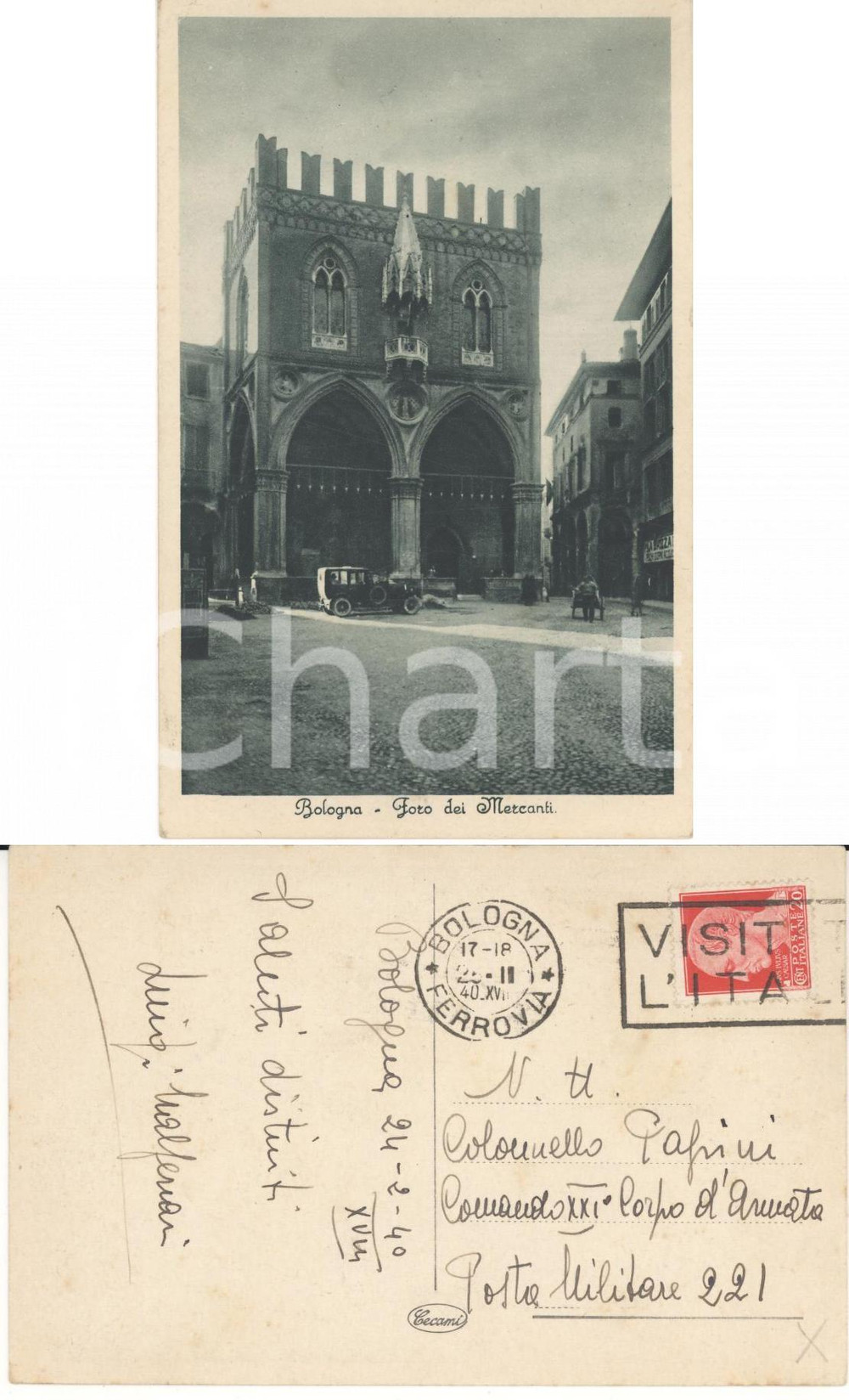 Autografo originale 1940 BOLOGNA Foro dei Mercanti Cartolina Luigi MALFERRARI a Erberto PAPINI 1
