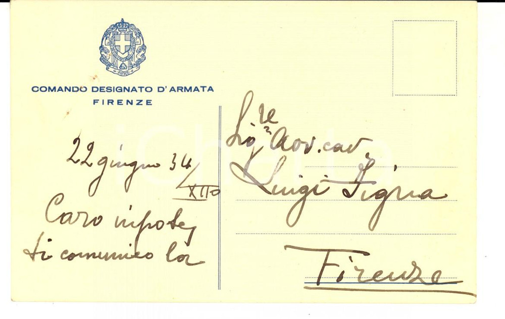 Cartolina originale da collezione 1934 FIRENZE Comando Designato d Armata Cartolina postale FP VG 1