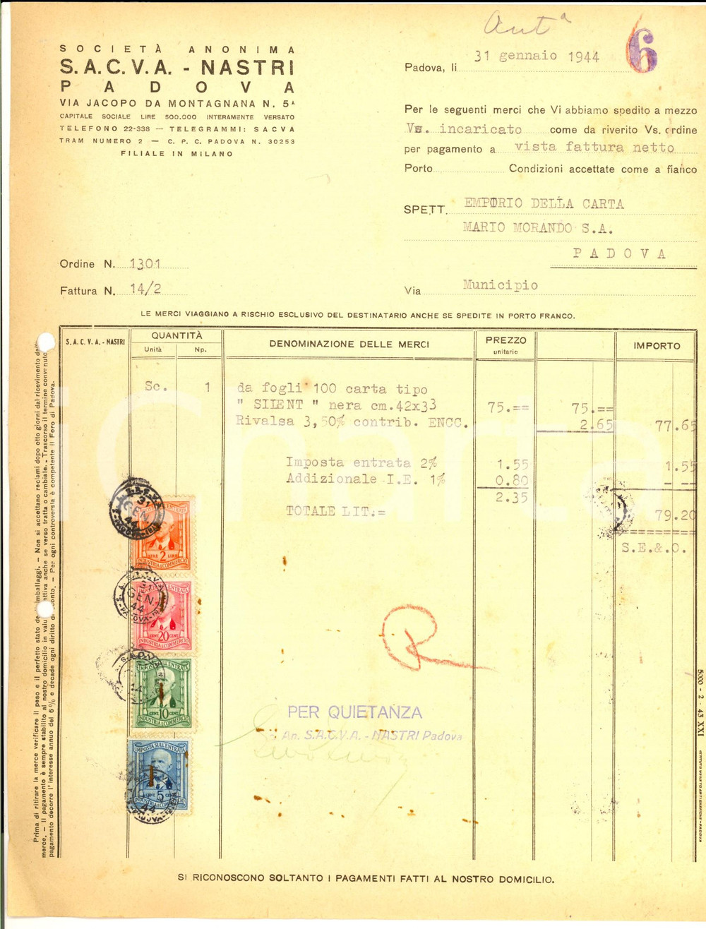 Documento originale, autentico 1944 PADOVA SocietÃ  Anonima SACVA NASTRI Fattura intestata per fogli carta 1