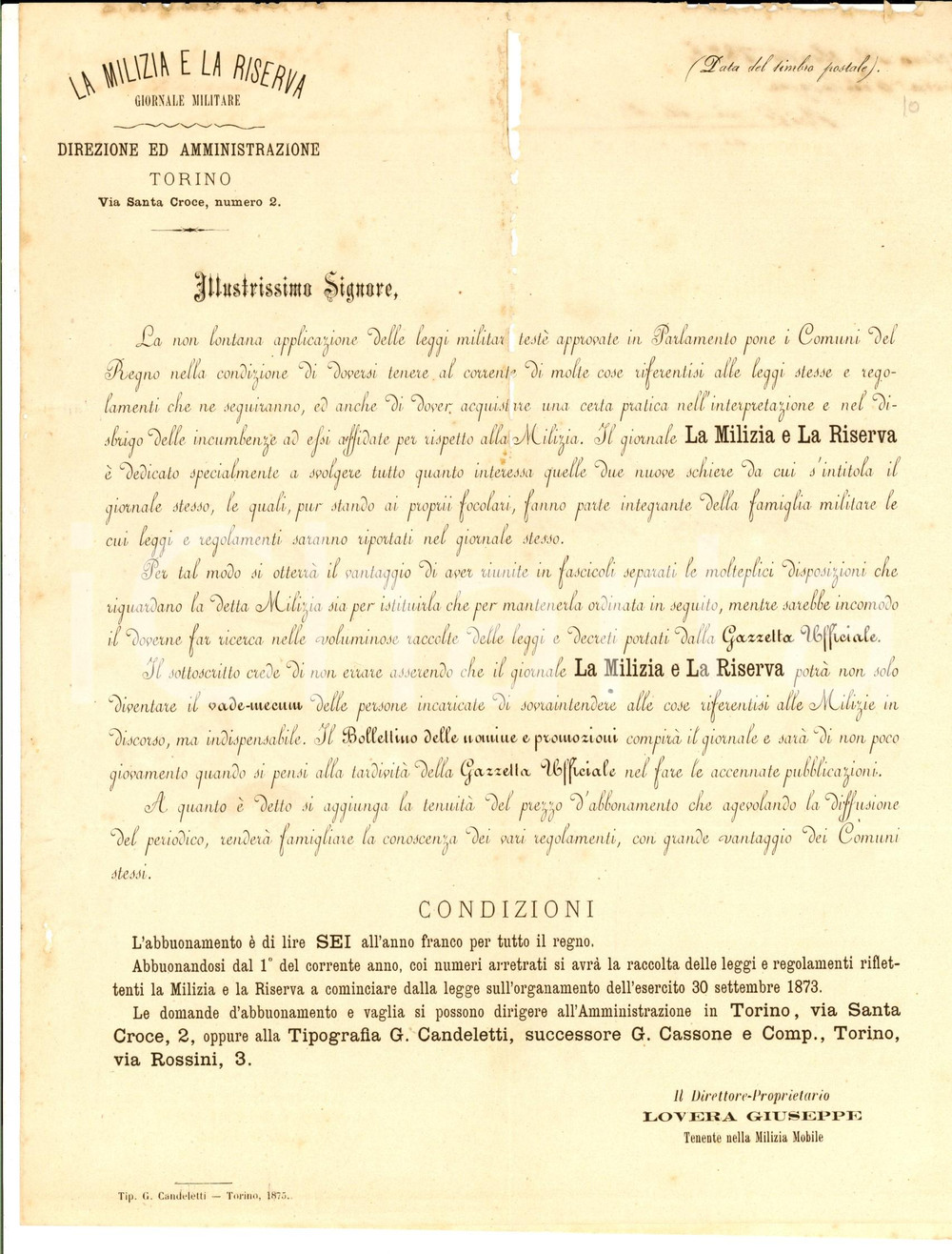 Documento originale, autentico 1875 TORINO Giornale militare LA MILIZIA E LA RISERVA  Lettera pubblicitaria 1