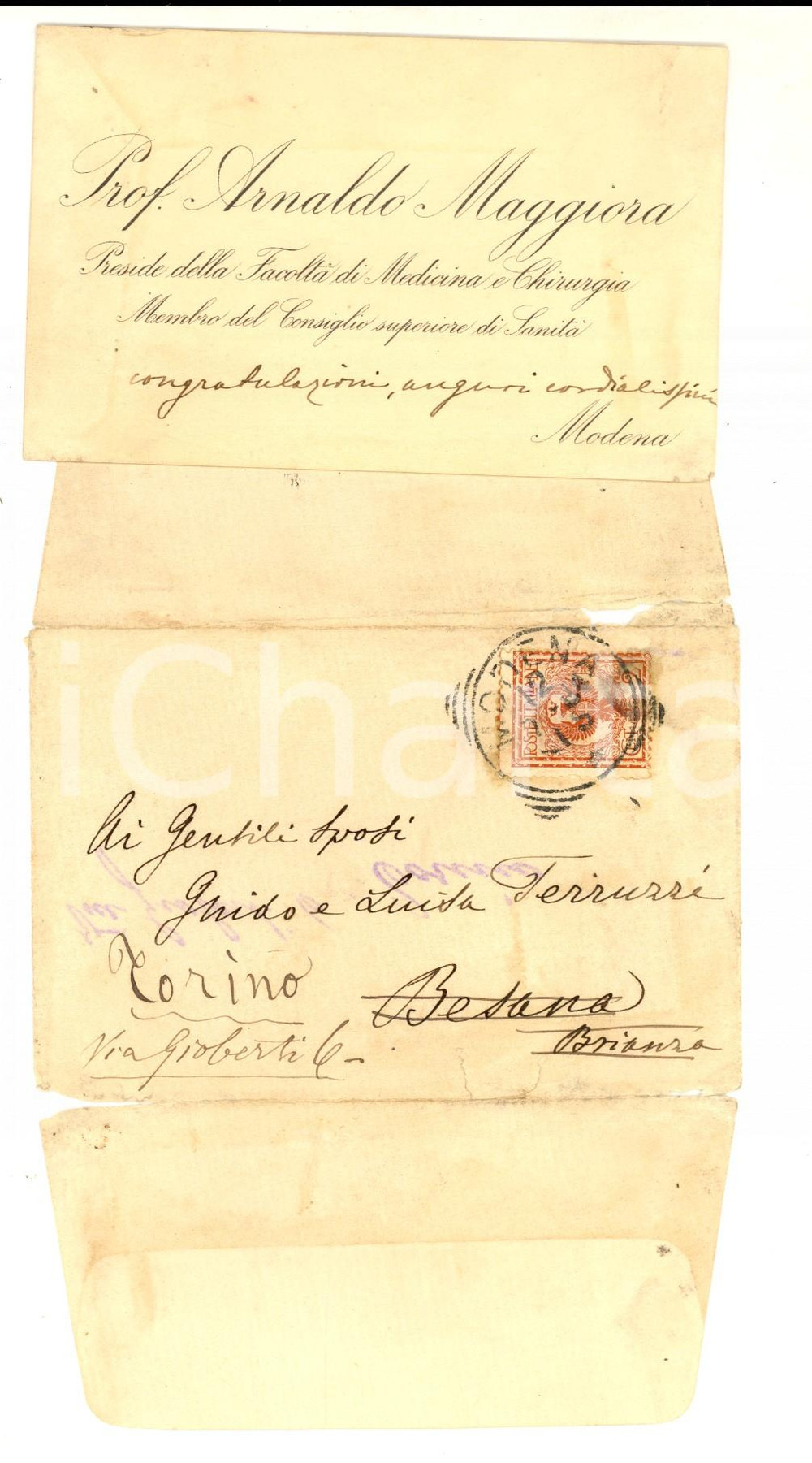 Autografo originale 1906 MODENA Arnaldo MAGGIORE preside FacoltÃ  Medicina Biglietto AUTOGRAFO 1