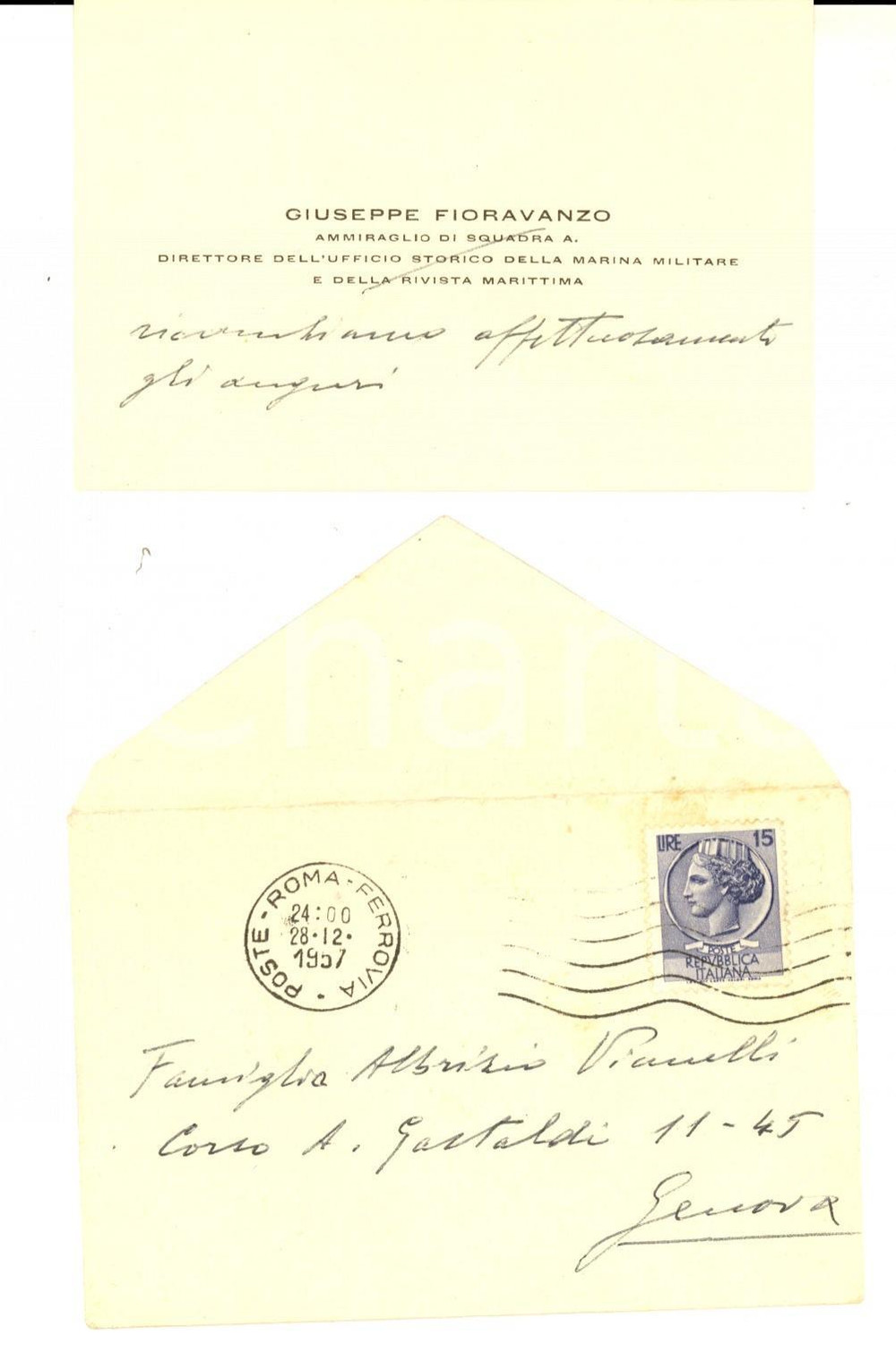Autografo originale 1957 ROMA Giuseppe FIORAVANZO Ammiraglio Biglietto da visita AUTOGRAFO 1