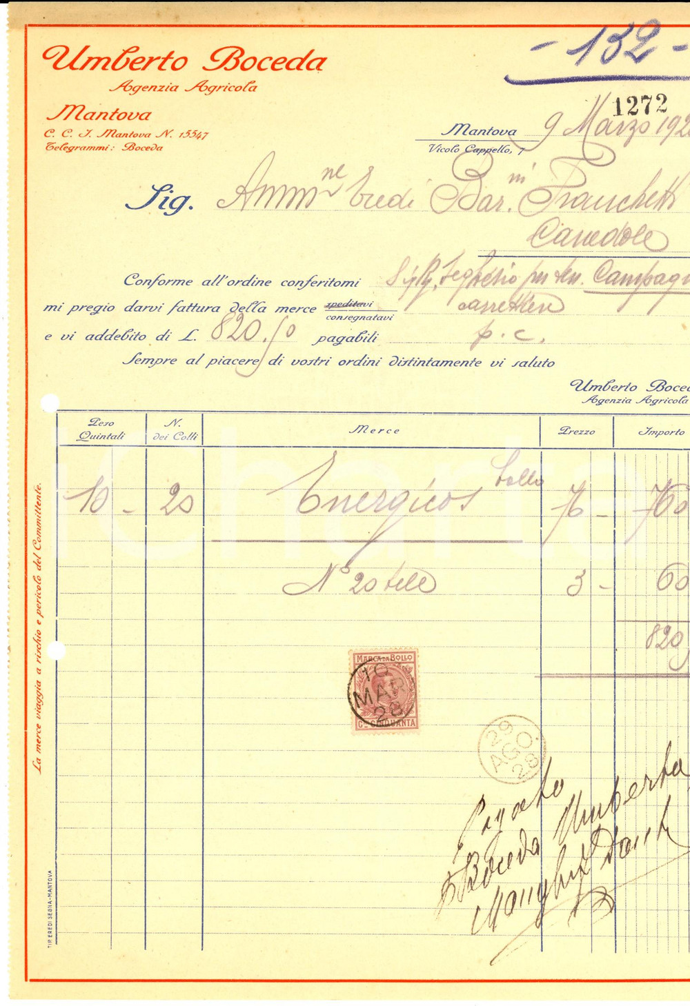 Documento originale, autentico 1928 MANTOVA Umberto BOCEDA agenzia agricola Fattura intestata 1