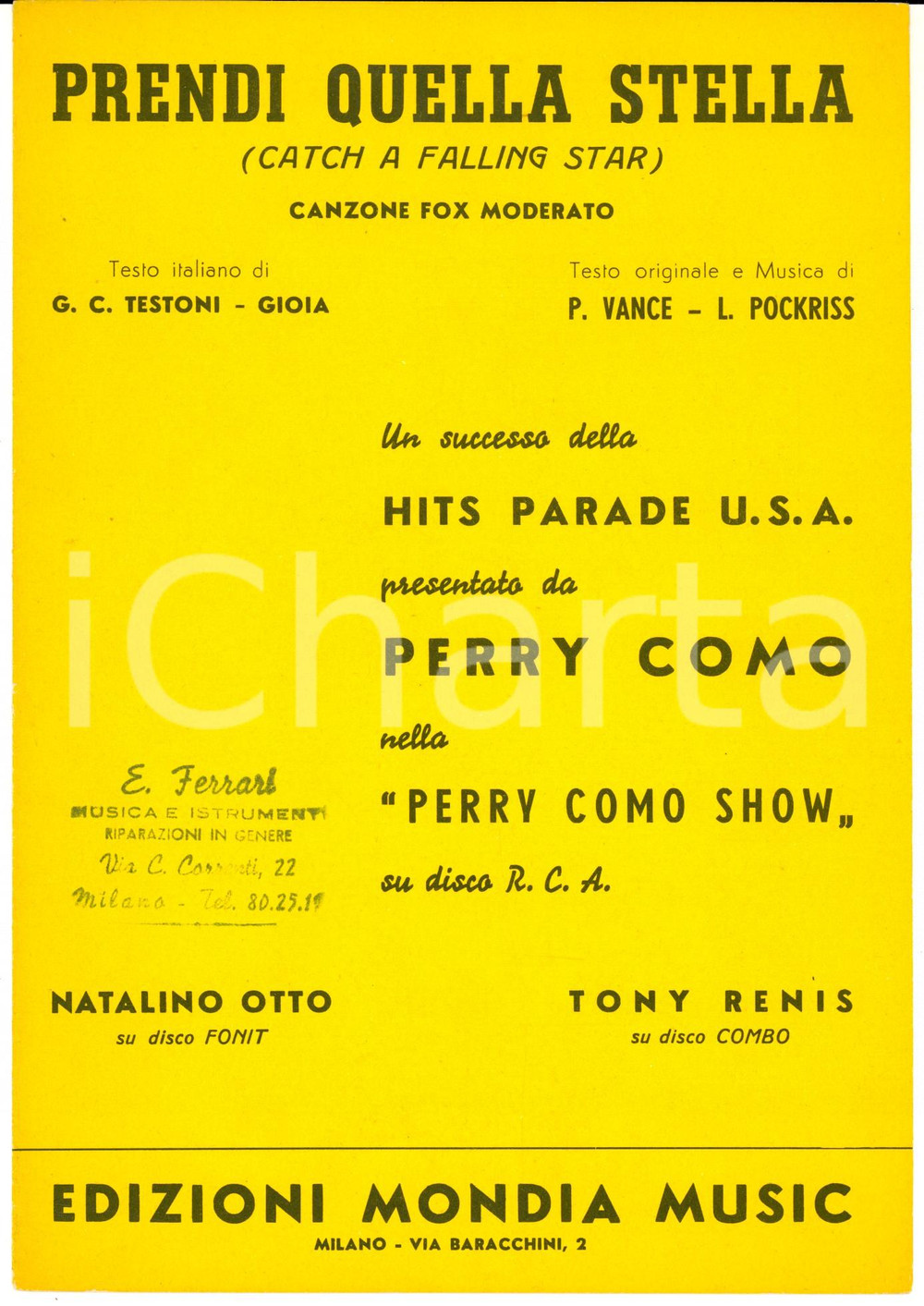 Oggetto da collezione cartaceo 1959 Perry COMO Prendi quella stella  Tony RENIS Spartito MONDIA MUSIC 1