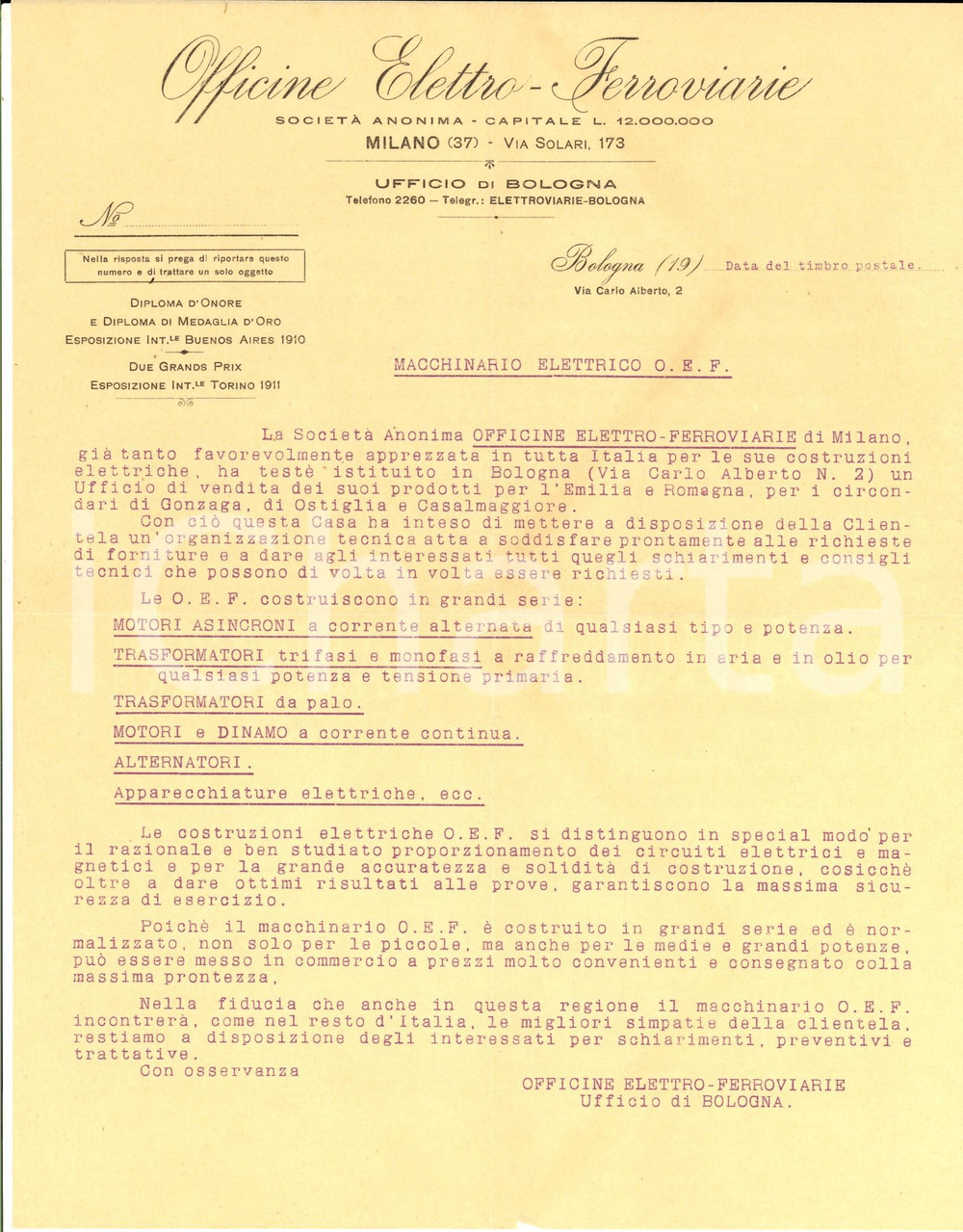 Documento originale, autentico 1915 ca BOLOGNA Officine ELETTROFERROVIARIE Lettera motori asincroni e dinamo 1
