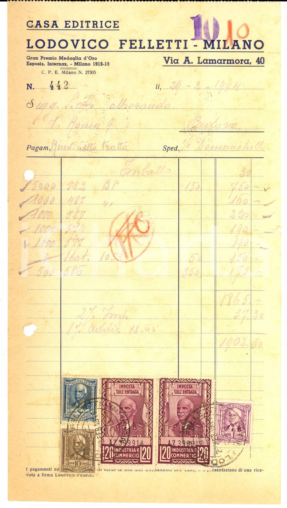 Documento originale, autentico 1944 MILANO Via Lamarmora 40 Casa Editrice Lodovico FELLETTI Fattura intestata 1