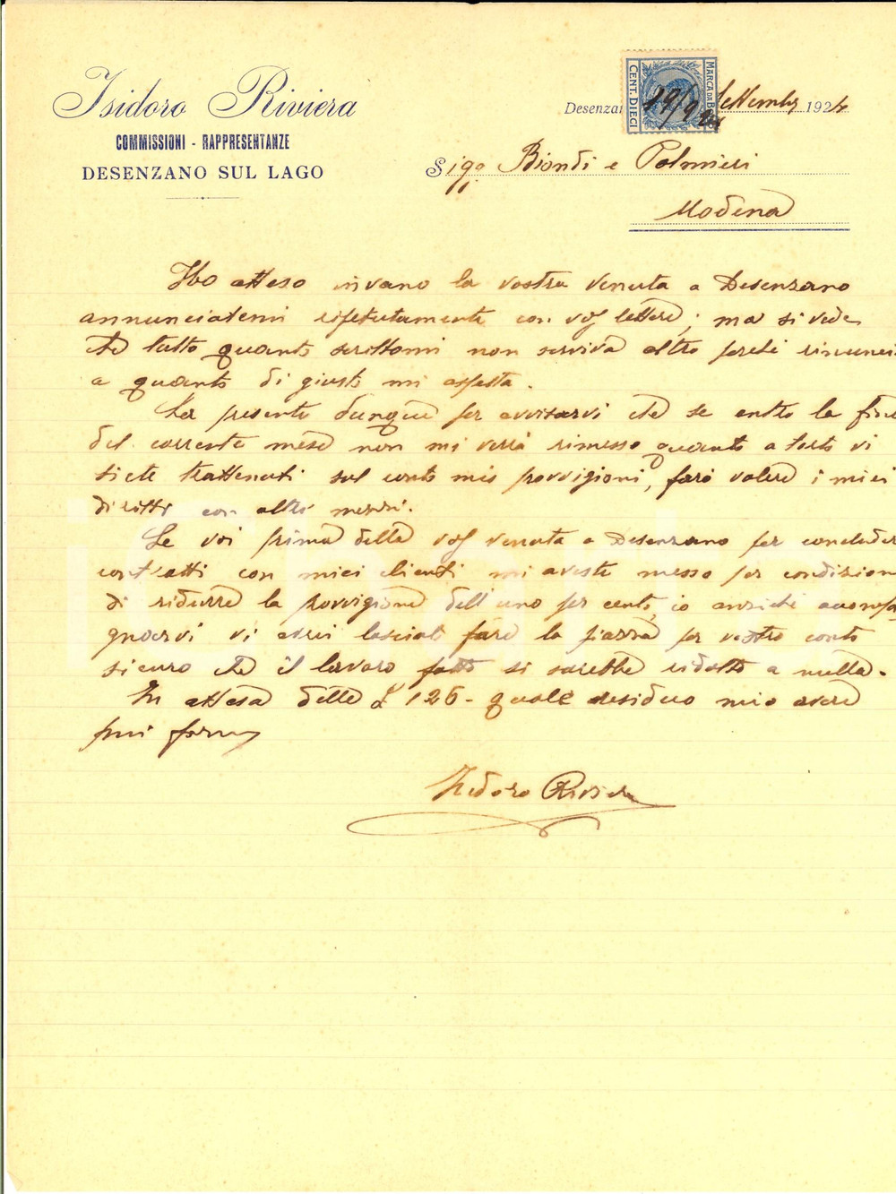 Documento originale, autentico 1924 DESENZANO DEL GARDA BS Isidoro RIVIERA Commissioni Lettera intestata 1