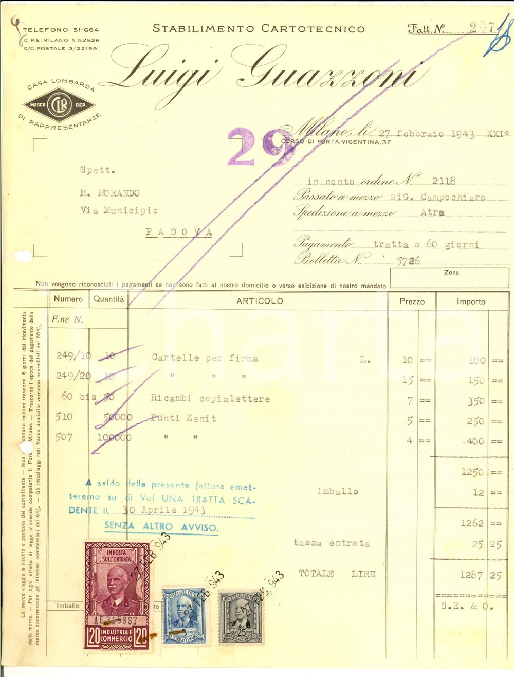 Documento originale, autentico 1943 MILANO Stabilimento Cartotecnico Luigi GUAZZONI Fattura intestata 1