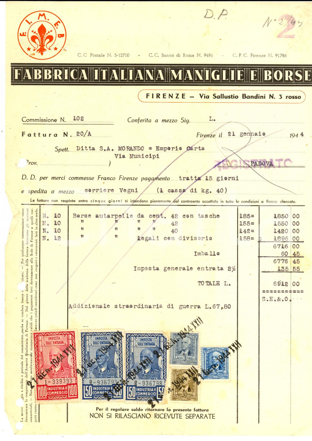 Documento originale, autentico 1944 FIRENZE Fabbrica Italiana Maniglie e Borse Fattura borse AUTARPELLE 1