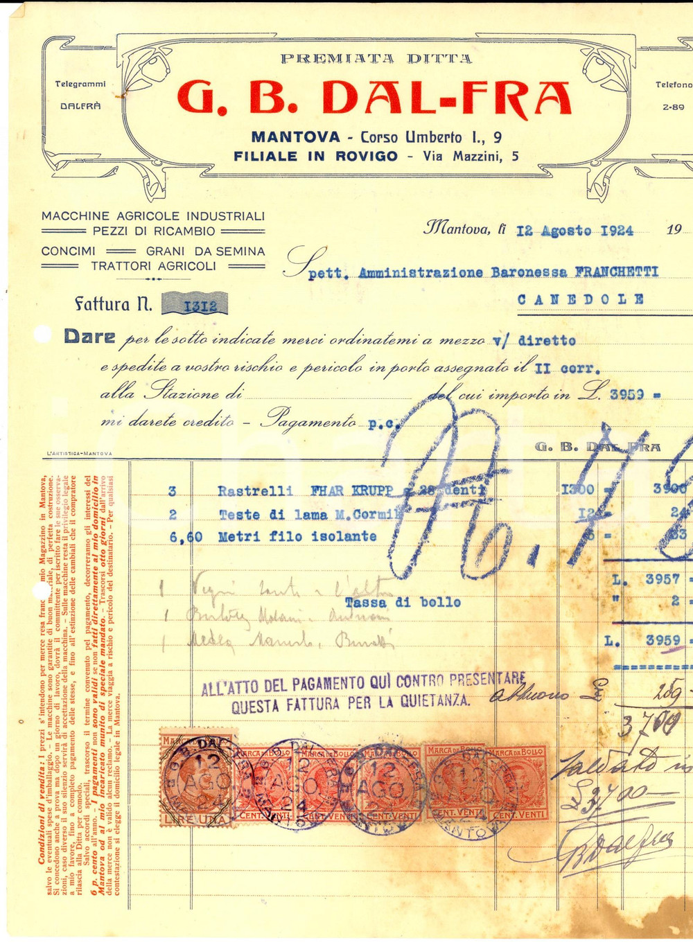 Documento originale, autentico 1924 MANTOVA Premiata Ditta DAL FRA Macchine agricole Fattura intestata 1