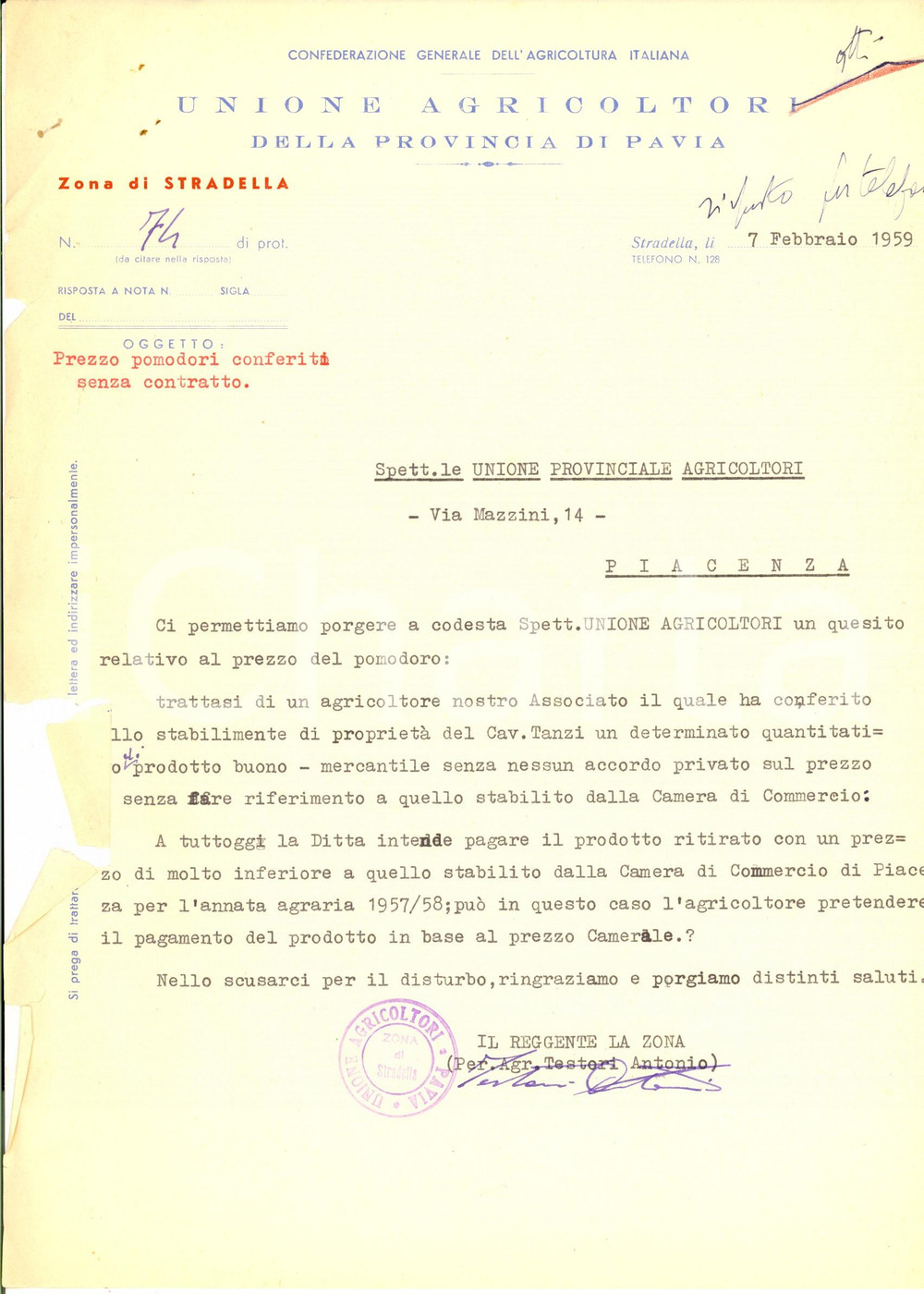Manoscritto, lettera originale 1959 STRADELLA PV Unione Agricoltori Provincia Pavia  Lettera prezzo pomodoro 1