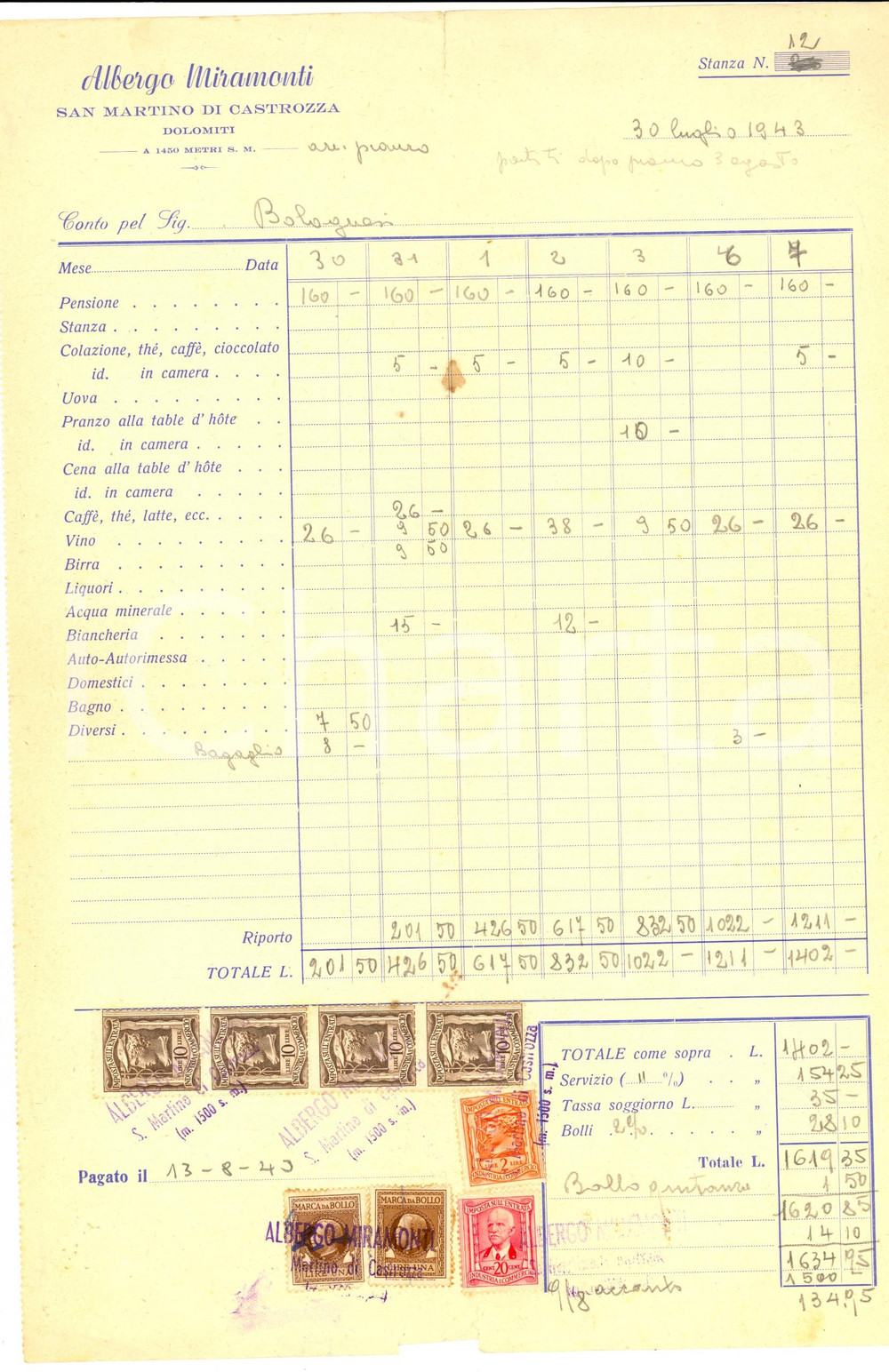 Documento originale, autentico 1943 SAN MARTINO DI CASTROZZA TN Albergo MIRAMONTI Fattura intestata 1