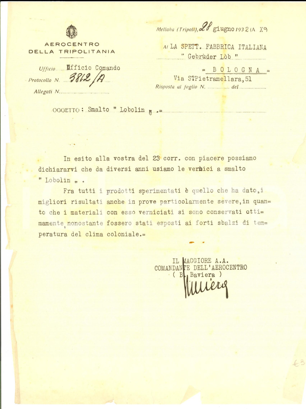 Documento originale, autentico 1932 MELLAHA TRIPOLI Aerocentro TRIPOLITANIA sulle vernici LOBOLIN Lettera 1