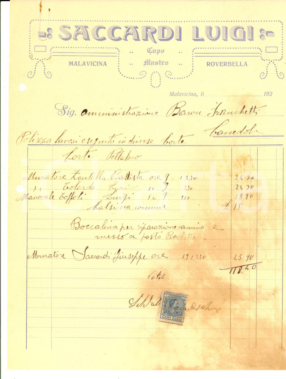 Documento originale, autentico 1920 ca MALAVICINA MN Capomastro Luigi SICCARDI Fattura intestata per lavori 1