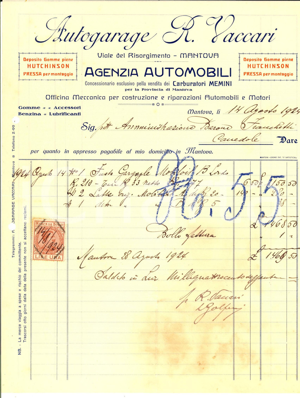 Documento originale, autentico 1924 MANTOVA Autogarage R. VACCARI Agenzia automobili Fattura intestata 1