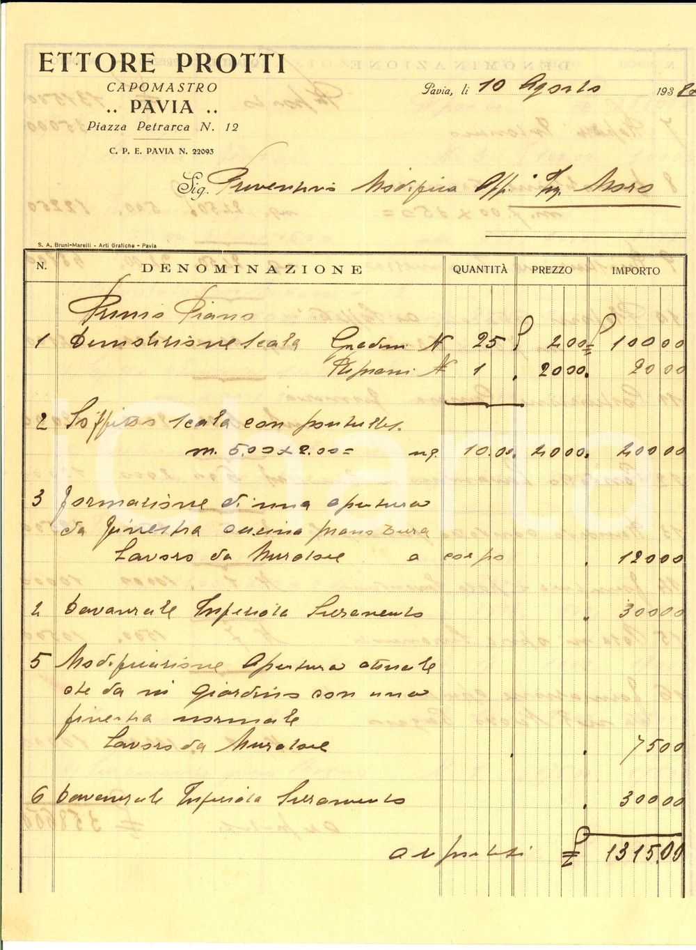 Documento originale, autentico 1938 PAVIA piazza PETRARCA Capomastro Ettore PROTTI Fattura intestata lavori 1