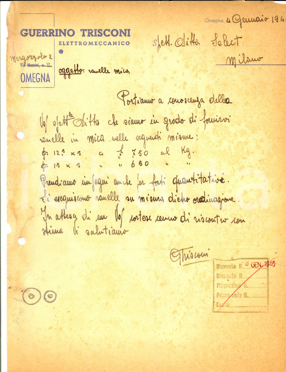 Documento originale, autentico 1946 OMEGNA NO Guerrino TRISCONI elettromeccanico Preventivo intestato 1