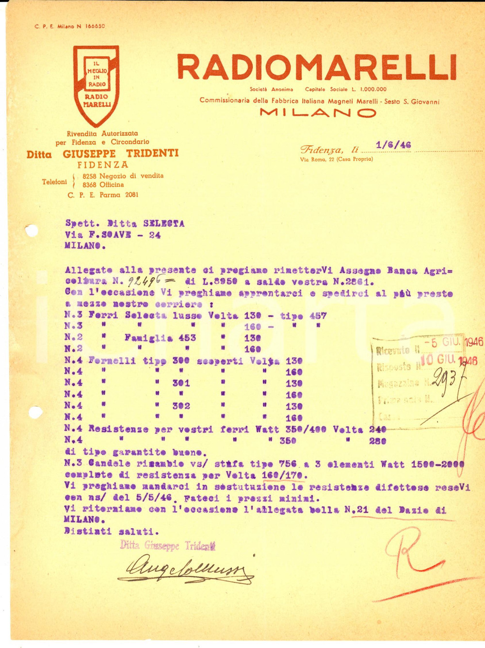 Documento originale, autentico 1946 FIDENZA PR Ditta Giuseppe TRIDENTI Rivendita RADIOMARELLI Lettera 1