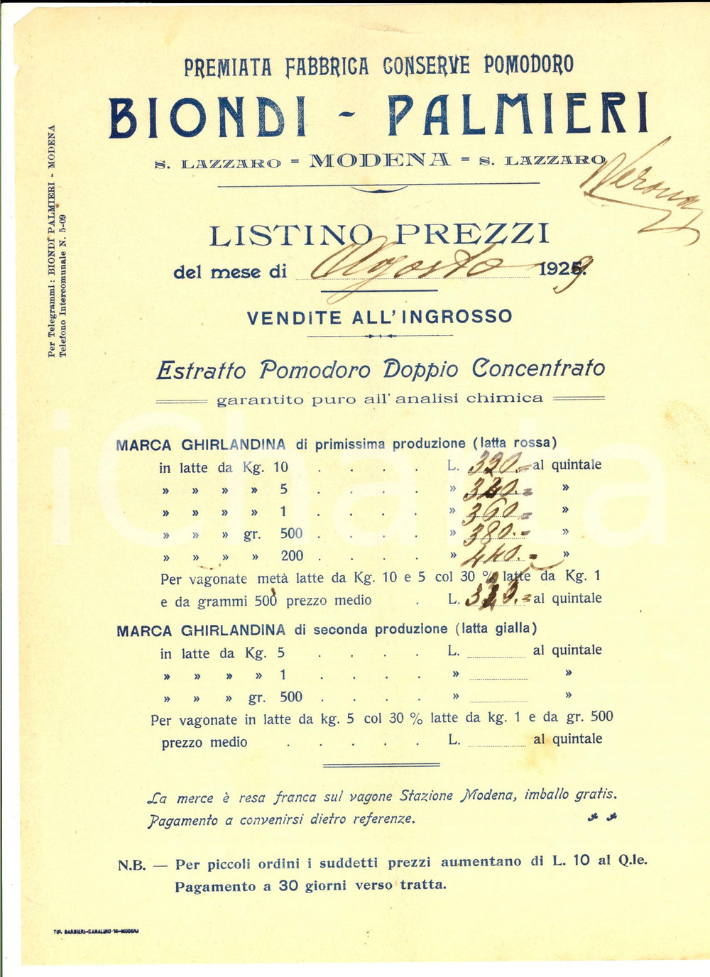 Documento originale, autentico 1929 MODENA Premiata fabbrica conserve BIONDI  PALMIERI Listino prezzi 1