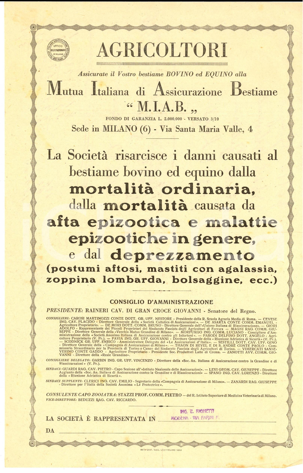 Documento originale, autentico 1930 ca MILANO Mutua Italiana di Assicurazione Bestiame Manifesto 20x32 cm 1