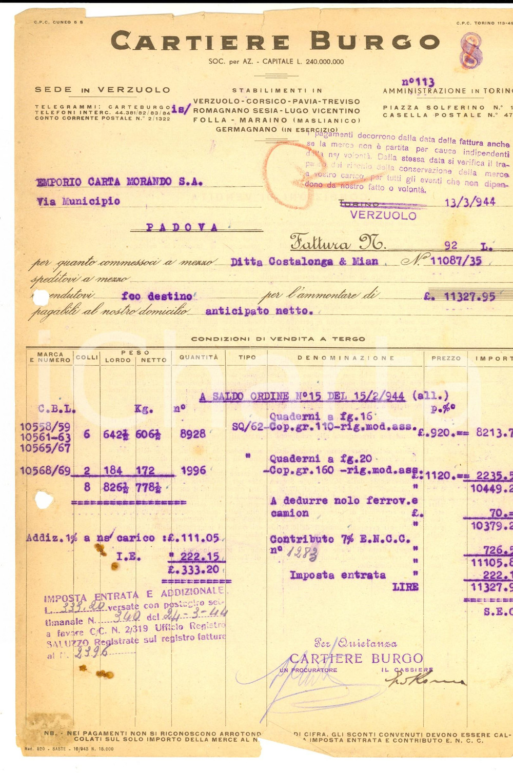 1944 VERZUOLO (CN) Cartiere BURGO *Fattura intestata per quaderni