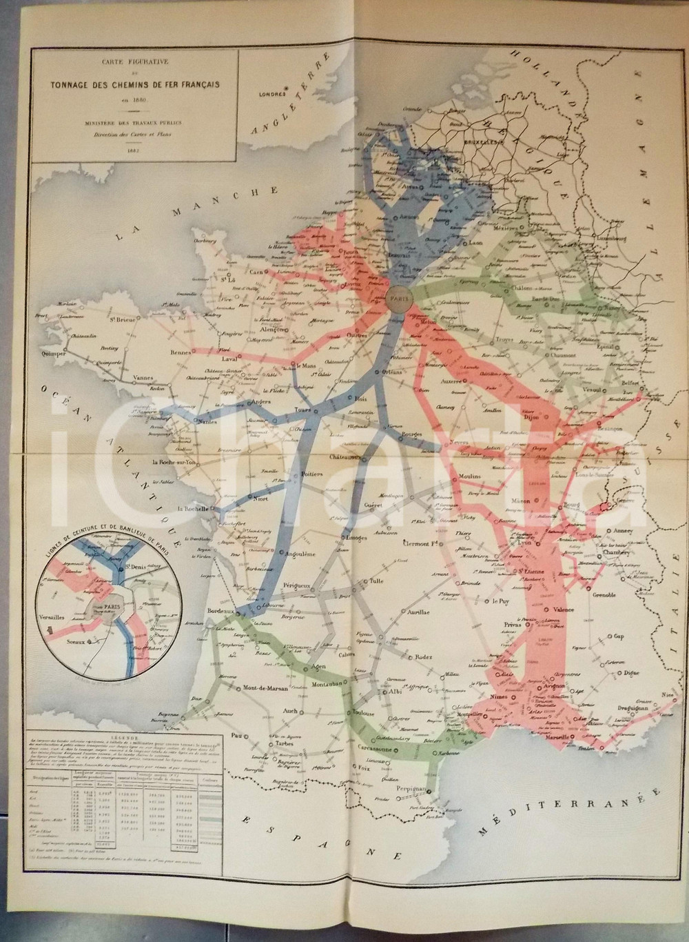 Mappa, planimetria storica 1882 FRANCE CHEMINS DE FER Tonnage en 1880 Planche nÂ°1 48x66 cm 1