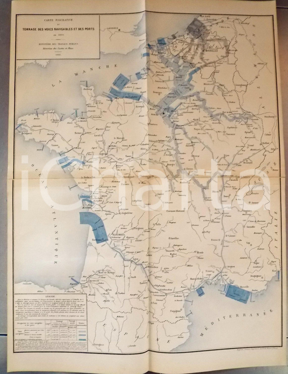Mappa, planimetria storica 1882 FRANCE CHEMINS DE FER Tonnage riviÃ¨res, canaux et ports Planche nÂ°2 48x66 1
