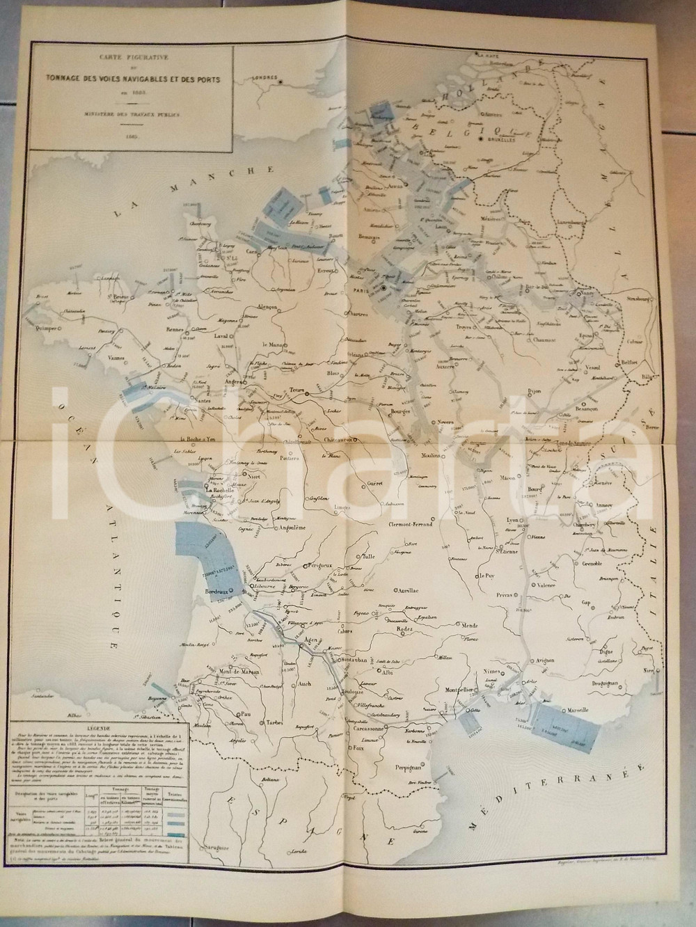 Mappa, planimetria storica 1885 FRANCE Tonnage voies navigables et ports en 1883 Planche nÂ°12 48x66 1