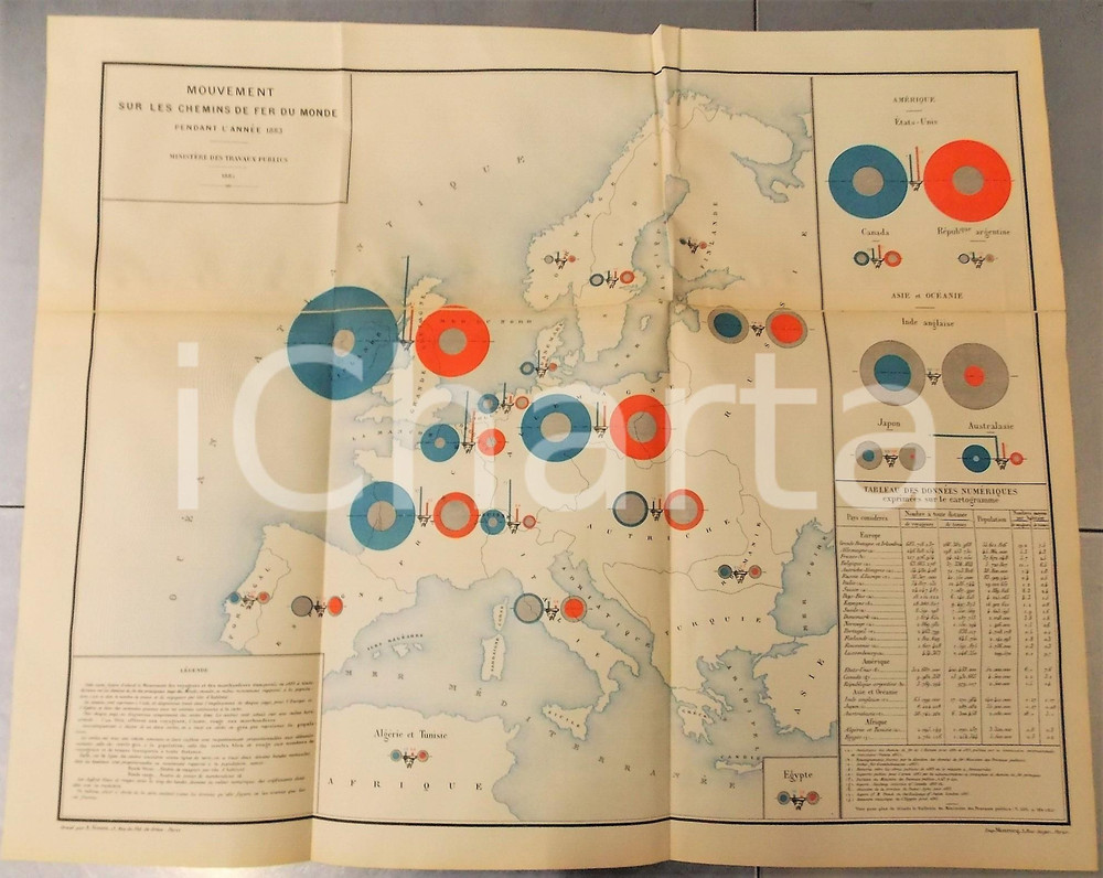 Mappa, planimetria storica 1885 CHEMINS DE FER Mouvements dans le monde en 1883 Planche nÂ°7 49x66 cm 1