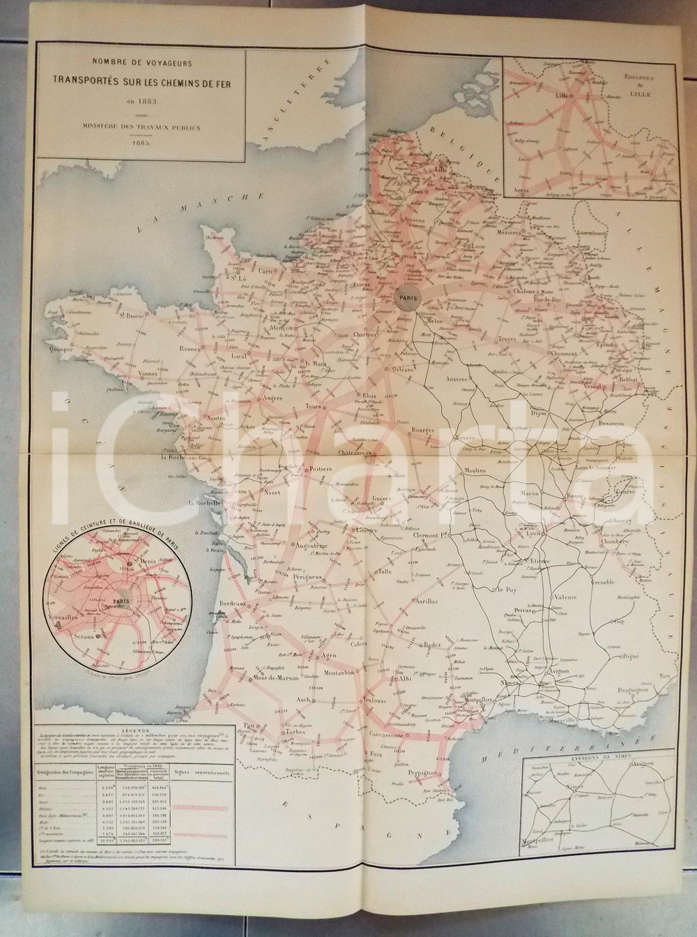 Mappa, planimetria storica 1885 FRANCE CHEMINS DE FER Voyageurs transportÃ©s en 1883 Planche nÂ°6 49x66 cm 1