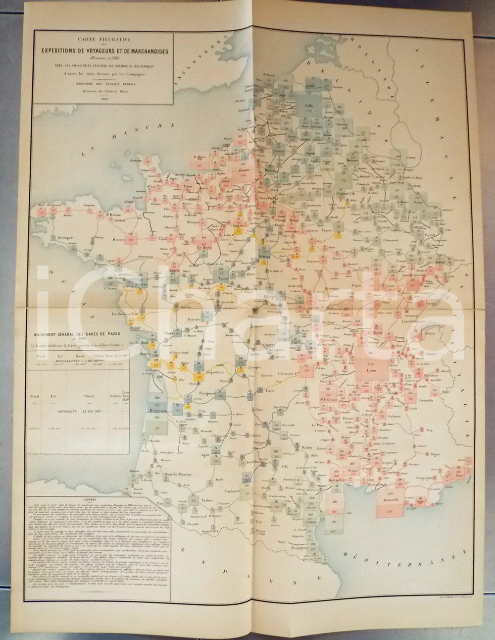 Mappa, planimetria storica 1882 FRANCE CHEMINS DE FER Mouvement marchandises voyageurs Planche nÂ°5 48x66 1