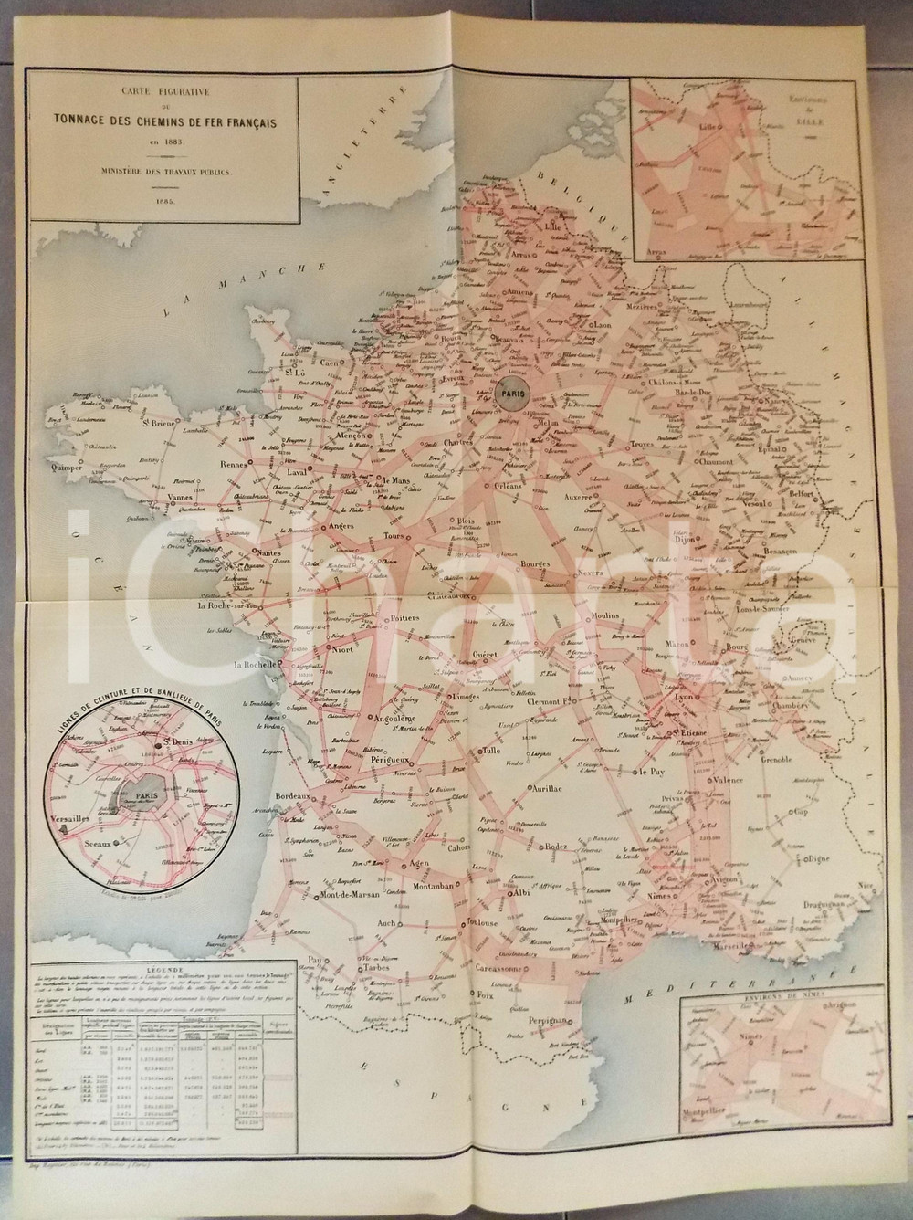 Mappa, planimetria storica 1885 FRANCE CHEMINS DE FER Tonnage en 1883 Planche nÂ°5 49x66 cm 1