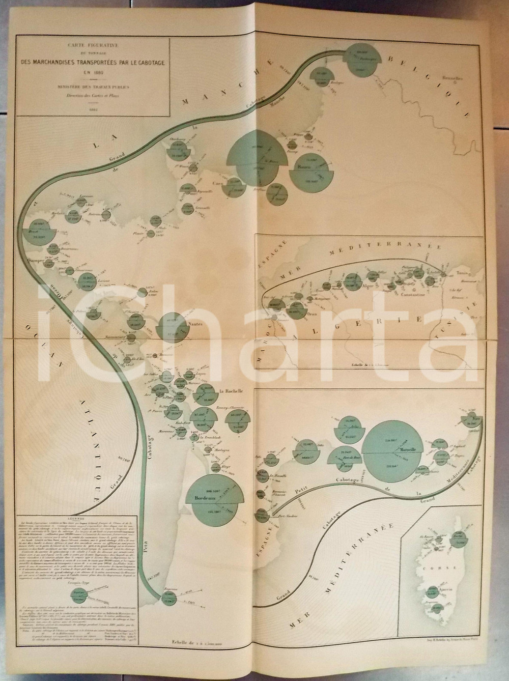 1882 FRANCE Tonnage merchandises transportées par le cabotage *Planche n°3 48x66