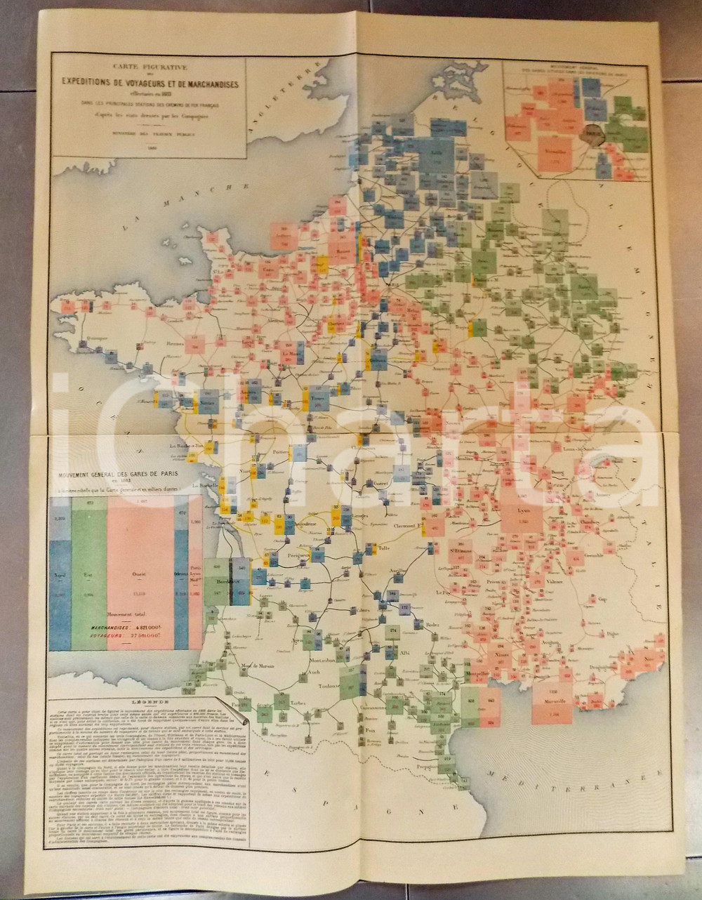 Mappa, planimetria storica 1885 FRANCE CHEMINS DE FER Marchandises et voyageurs en 1883 Planche nÂ°4 49x66 1