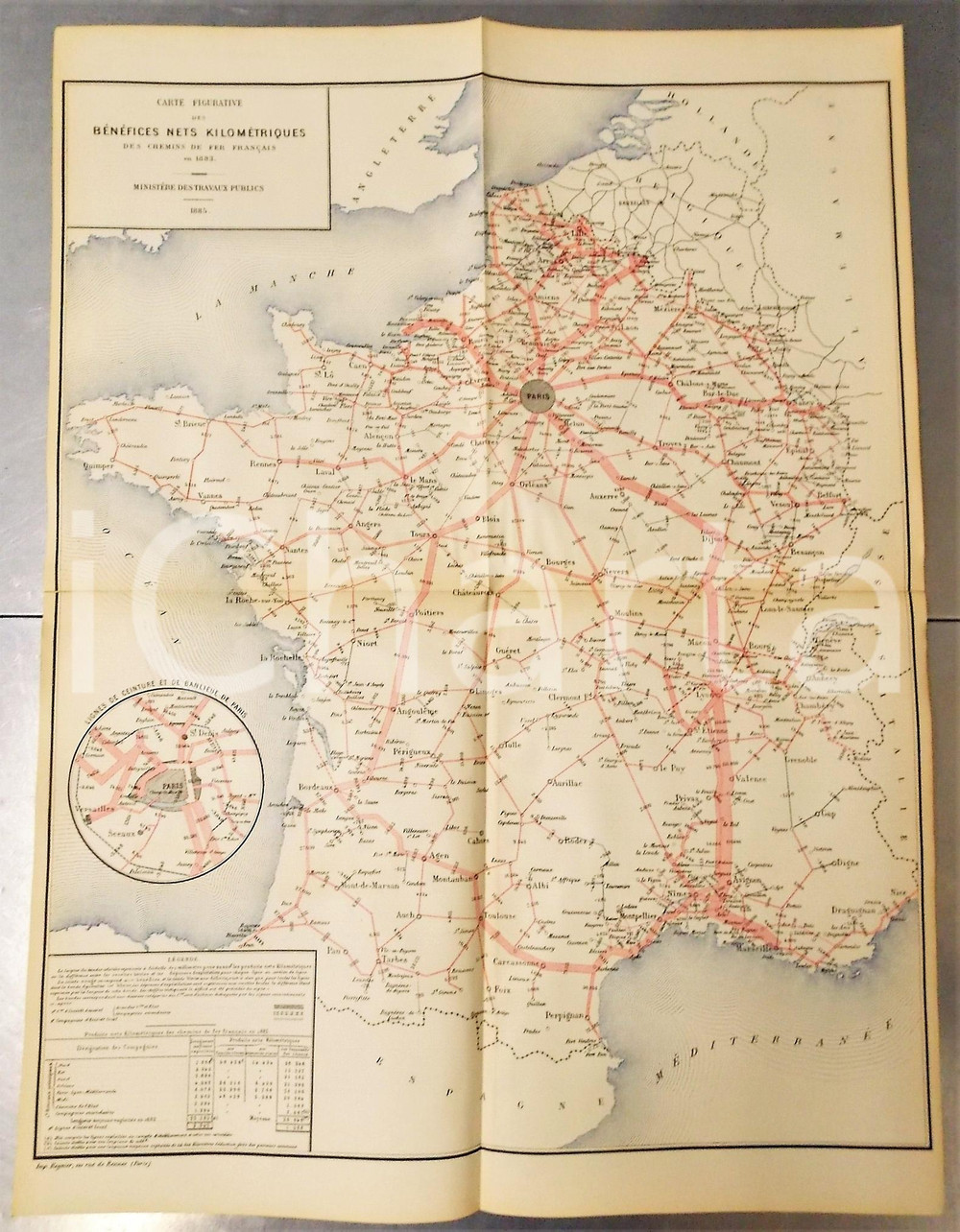 Mappa, planimetria storica 1885 FRANCE CHEMINS DE FER Recettes nettes kilomÃ©triques Planche nÂ°2 49x66 1