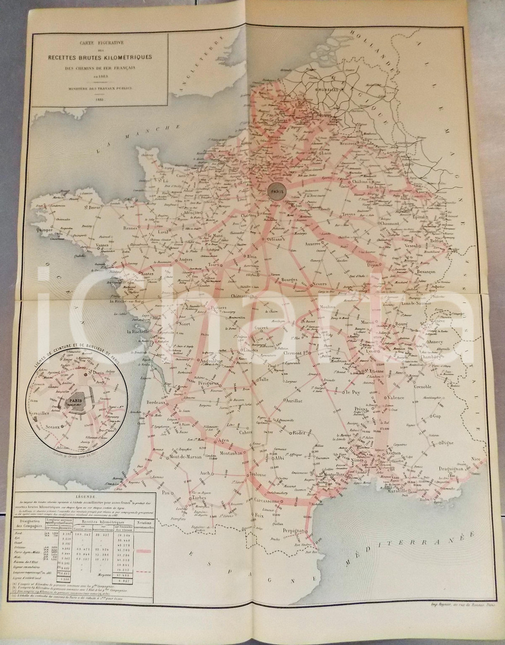 Mappa, planimetria storica 1885 FRANCE CHEMINS DE FER Recettes brutes kilomÃ©triques 1883 Planche nÂ°1 49x66 1
